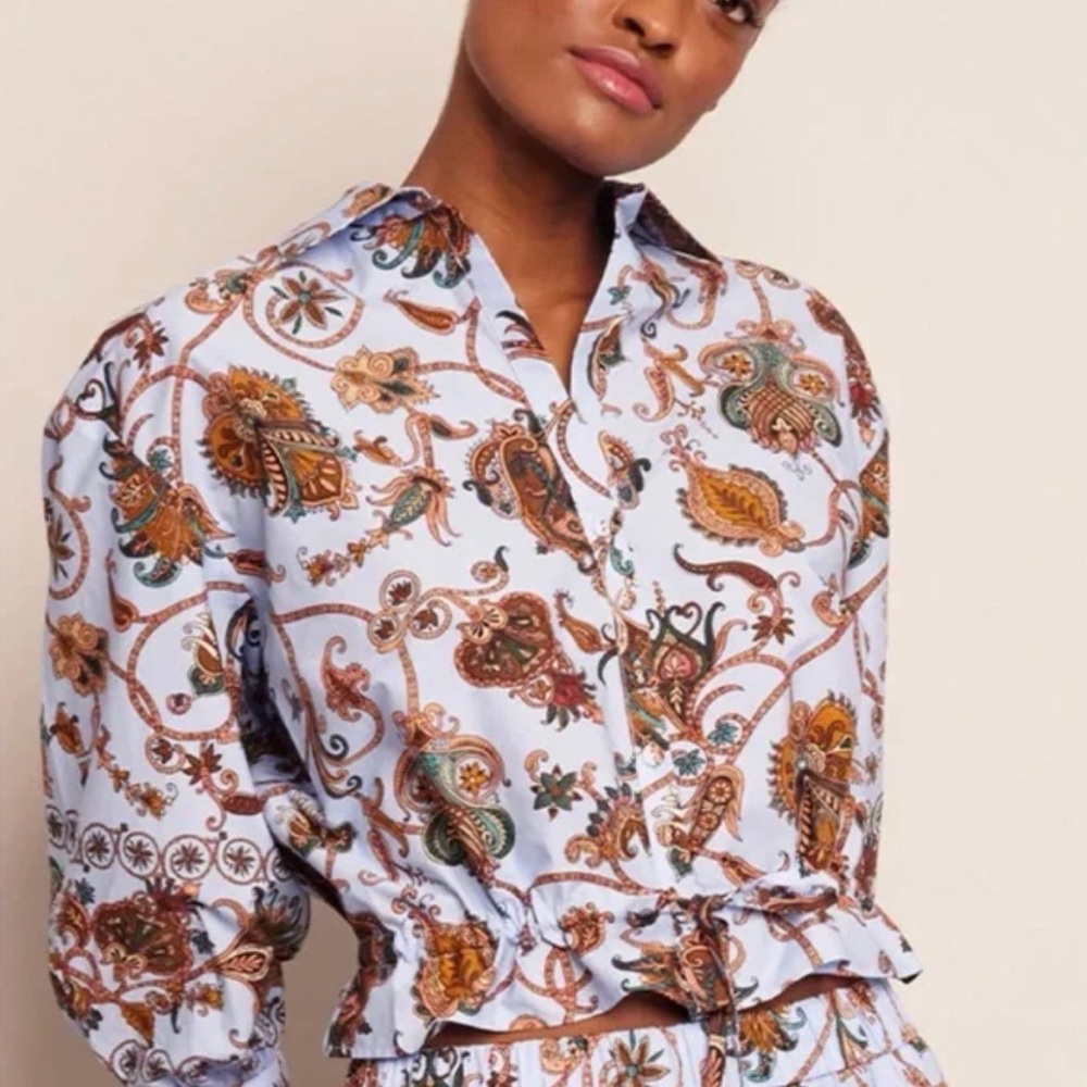Cara Cara Multicolor Cropped Button Down Paisley Blouse, sz S